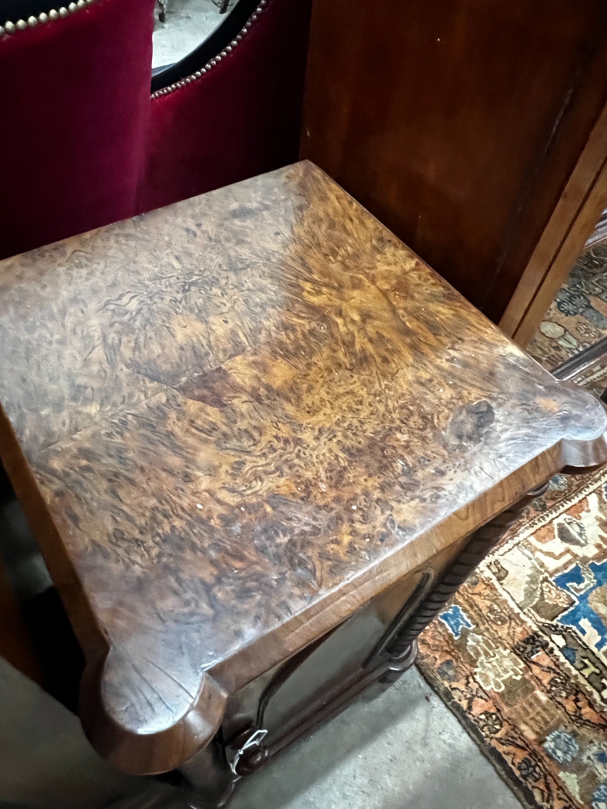 A Victorian burr yew bedside cabinet, stamped Holland & Sons, width 42cm, depth 40cm, height 75cm